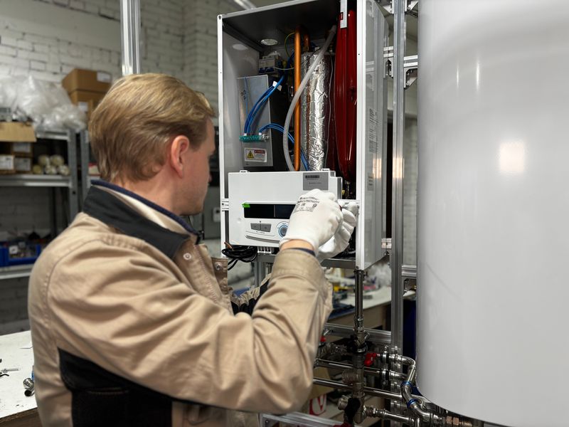 Technician servicing a gas wall-mounted water heating system